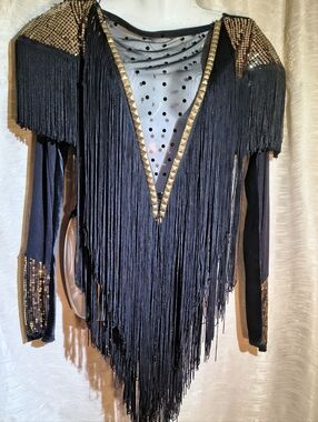 Dance Costume Gold Sequins,Black Fringe V-Neck Long Sleeve Leotard Med. Vintage